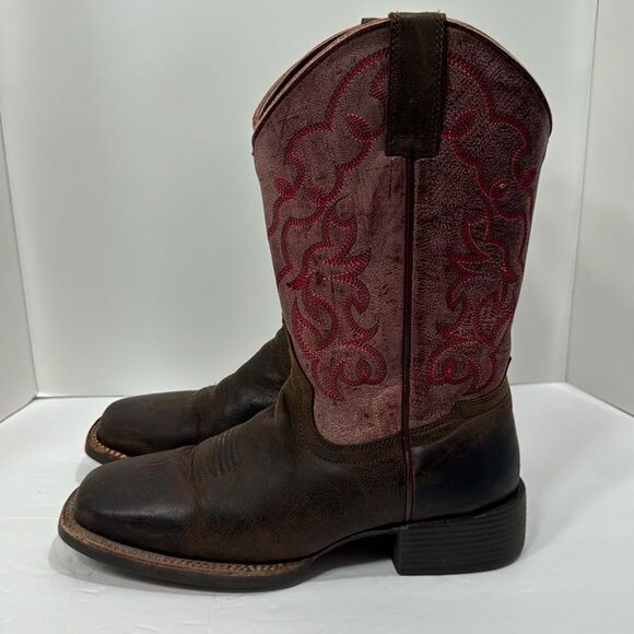 Shyanne Mens Cowboy Boots Brown Leather Red Stitch Square Toe Size 8.5M Rodeo - Picture 1 of 14